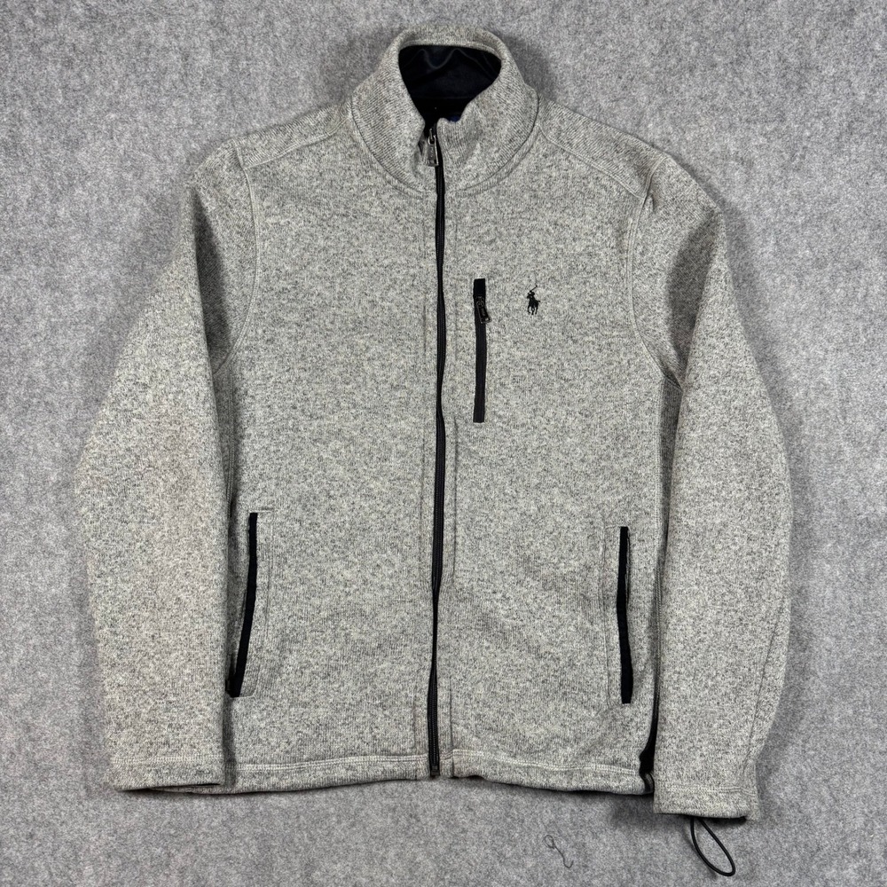 Polo Ralph Lauren Sweater Fleece Mens M Grey Full Zip Mock Neck Jacket Pony Logo